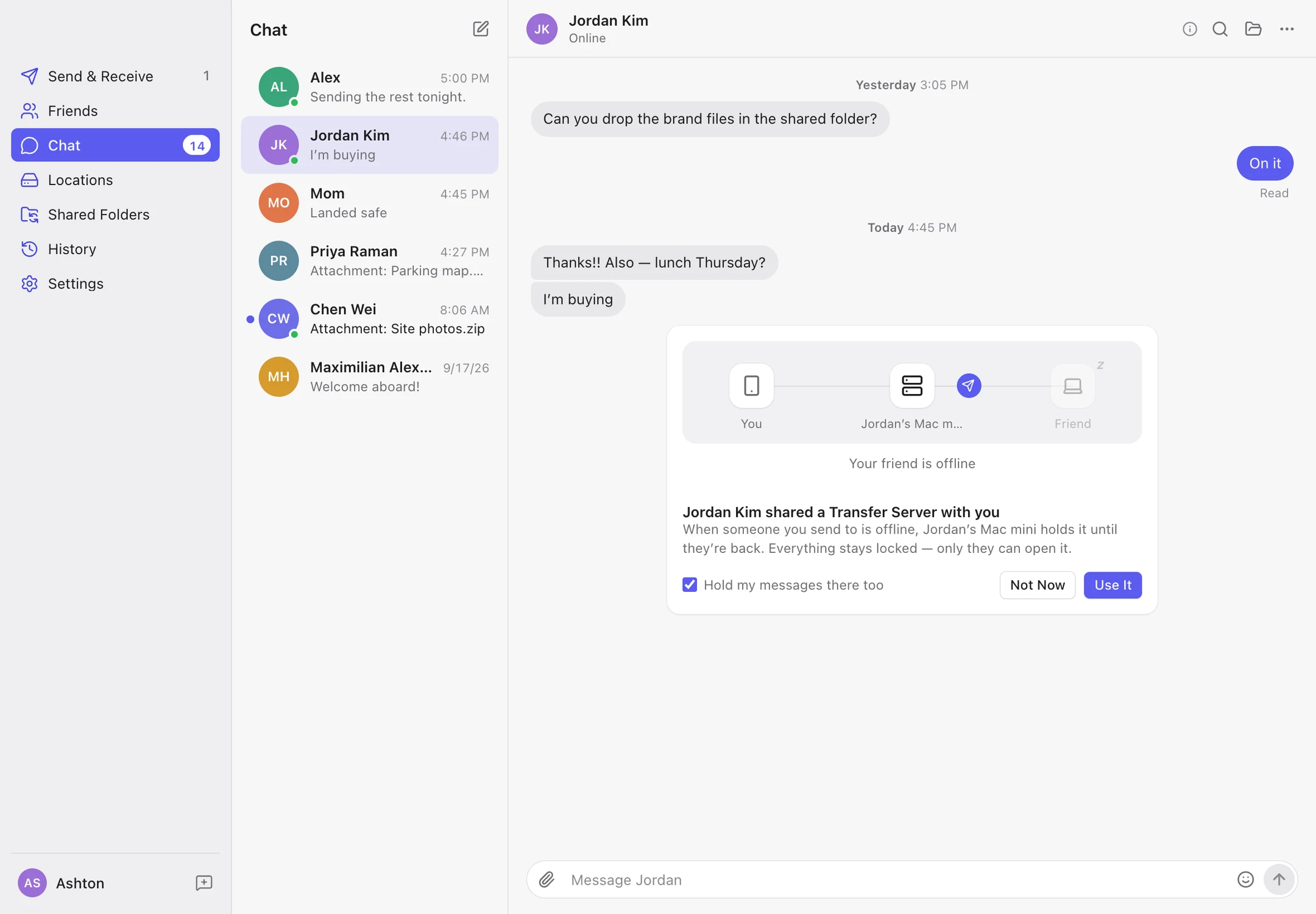 DropBeam on a Mac: a chat with a friend, and a Transfer Server that holds files for friends who are offline.