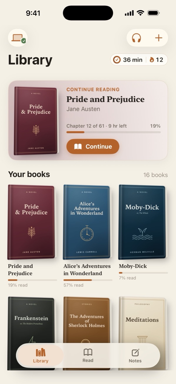 The SpeakBook library, with Pride and Prejudice ready to continue and a shelf of books below.